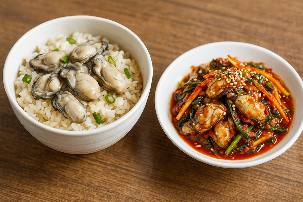 철분 많은 음식으로 구성된 굴밥과 매콤한 굴무침이 나무 테이블 위에 나란히 놓인 한식 상차림 모습