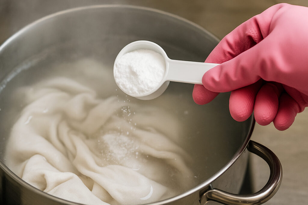 과탄산소다를 끓는 물에 넣어 빨래를 삶는 모습 – 베이킹소다 과탄산소다 차이 중 과탄산소다의 안전한 활용을 보여주는 이미지