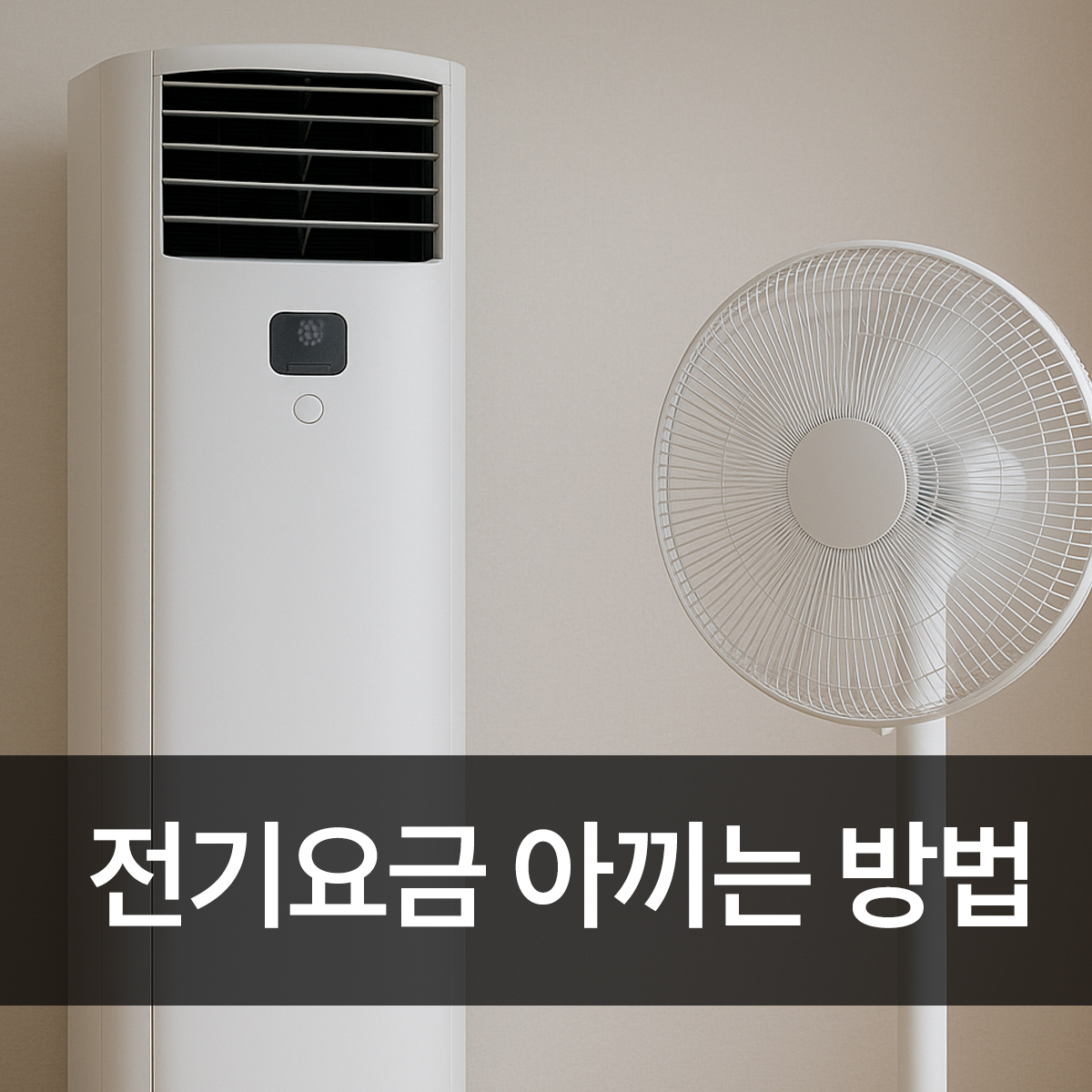 전기요금 아끼는 방법으로 스탠드 에어컨과 선풍기를 함께 사용하는 모습, 실내 냉방 효율을 높이는 조합