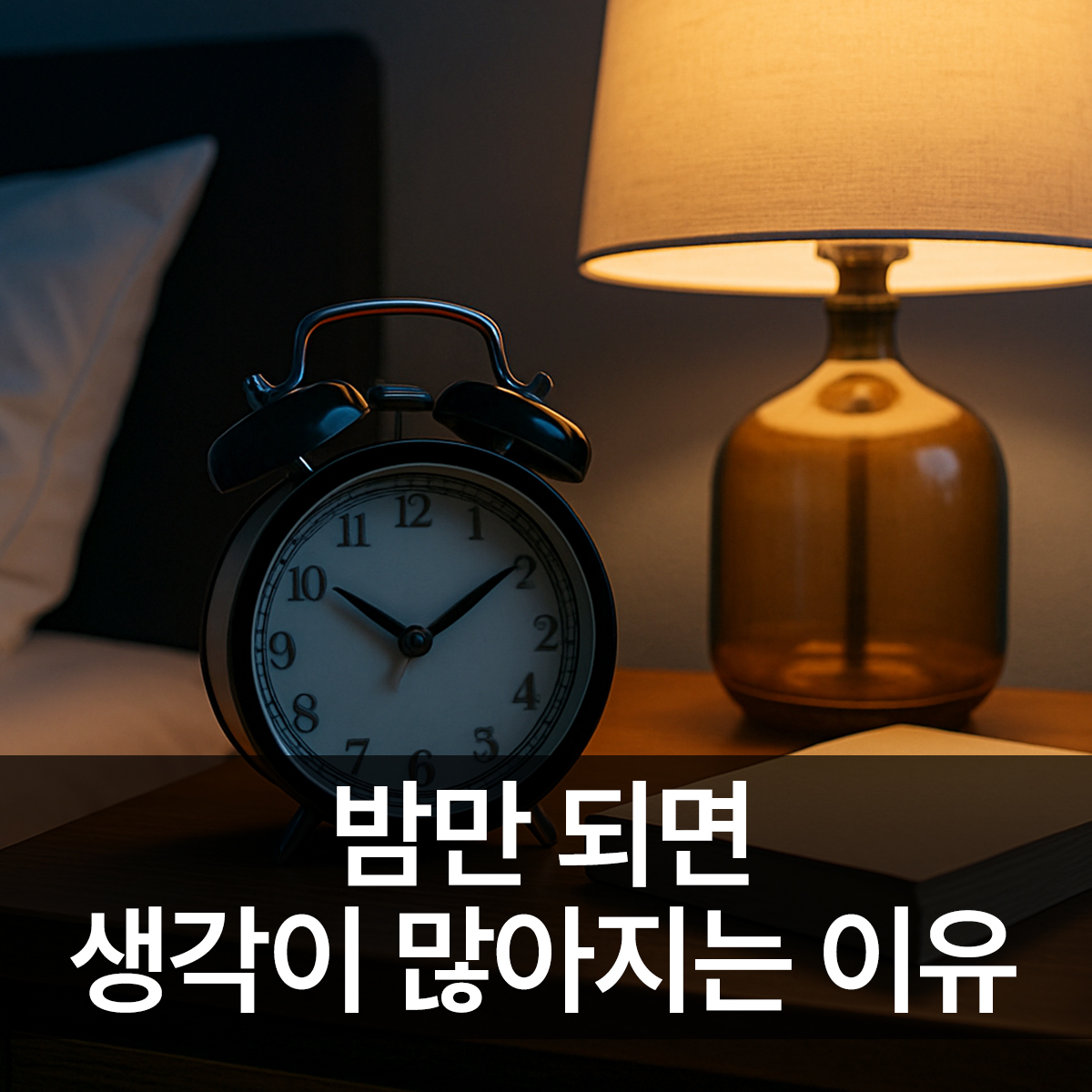 밤의 고요한 분위기 속 침대 옆 탁자에 자리한 알람시계, 조명, 책이 어우러진 장면, 밤만 되면 생각이 많아지는 이유를 은유적으로 표현