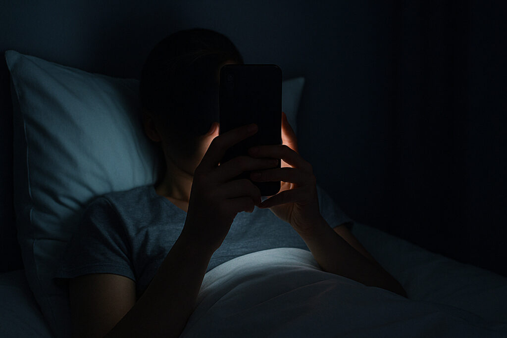 어두운 방 침대에 누워 얼굴을 스마트폰으로 가린 채 화면을 바라보는 모습, 밤마다 생각이 많아지는 이유를 상징적으로 표현한 장면