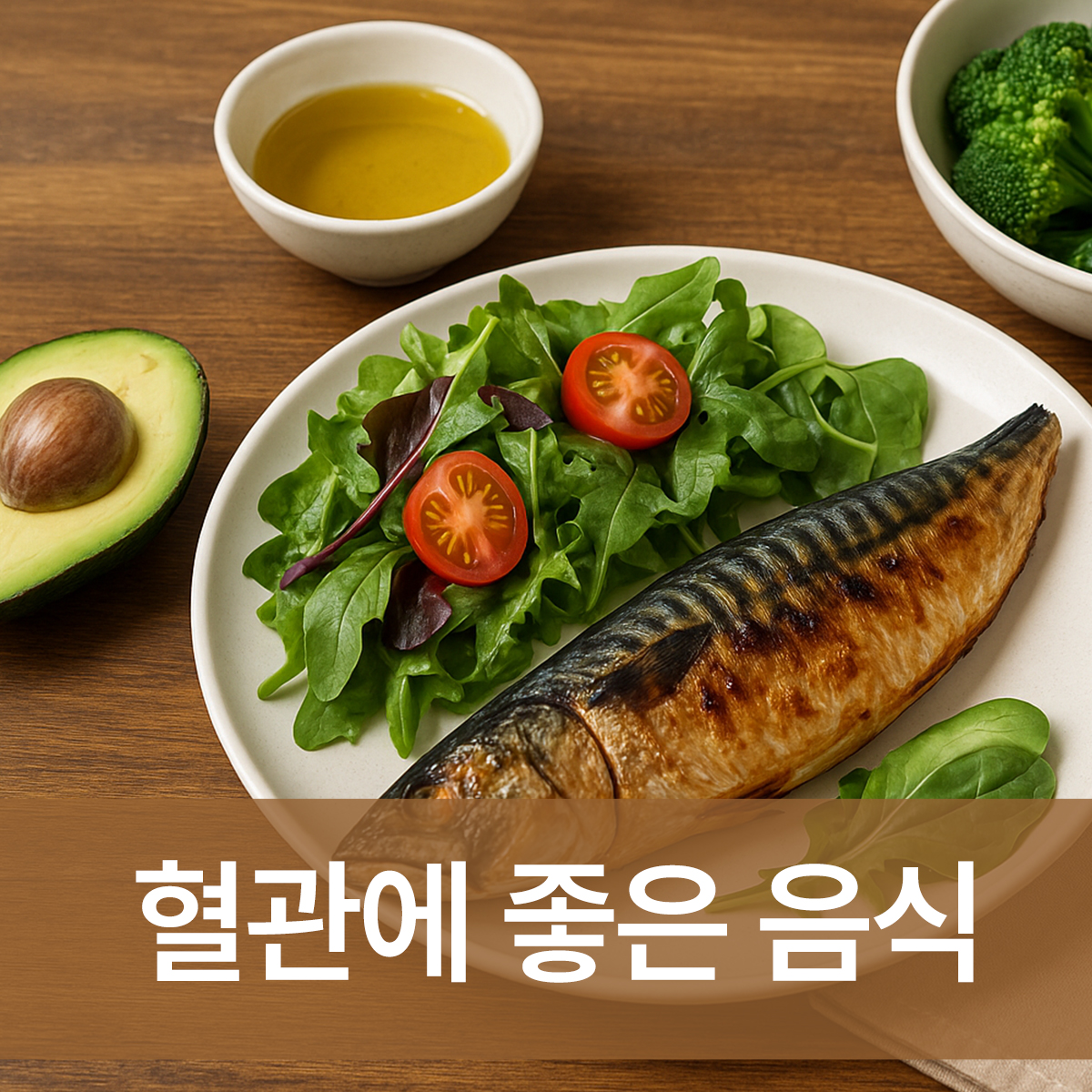 식탁 위에 구운 고등어, 샐러드와 올리브오일 드레싱, 녹황색 채소, 아보카도가 조화롭게 놓인 장면 – 혈관에 좋은 음식을 한눈에 보여주는 건강한 한 끼