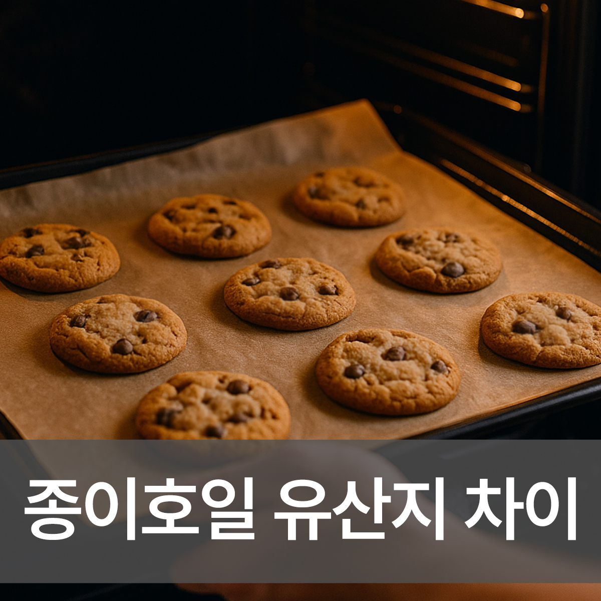 종이호일 유산지 차이를 보여주는 장면, 오븐에 넣기 직전 종이호일 위에 쿠키가 가지런히 놓인 모습
