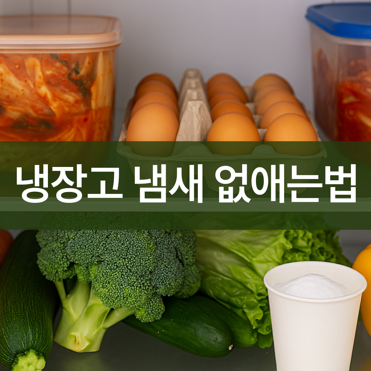 냉장고 냄새 없애는법으로 한국 식재료들과 함께 종이컵에 베이킹소다가 들어 있는 모습