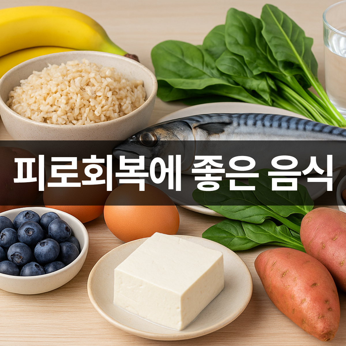 피로회복에 좋은 음식으로 구성된 식단 재료들이 식탁 위에 가지런히 놓인 모습. 바나나, 현미, 고등어, 계란, 시금치, 아몬드, 고구마, 블루베리, 두부, 물이 포함됨