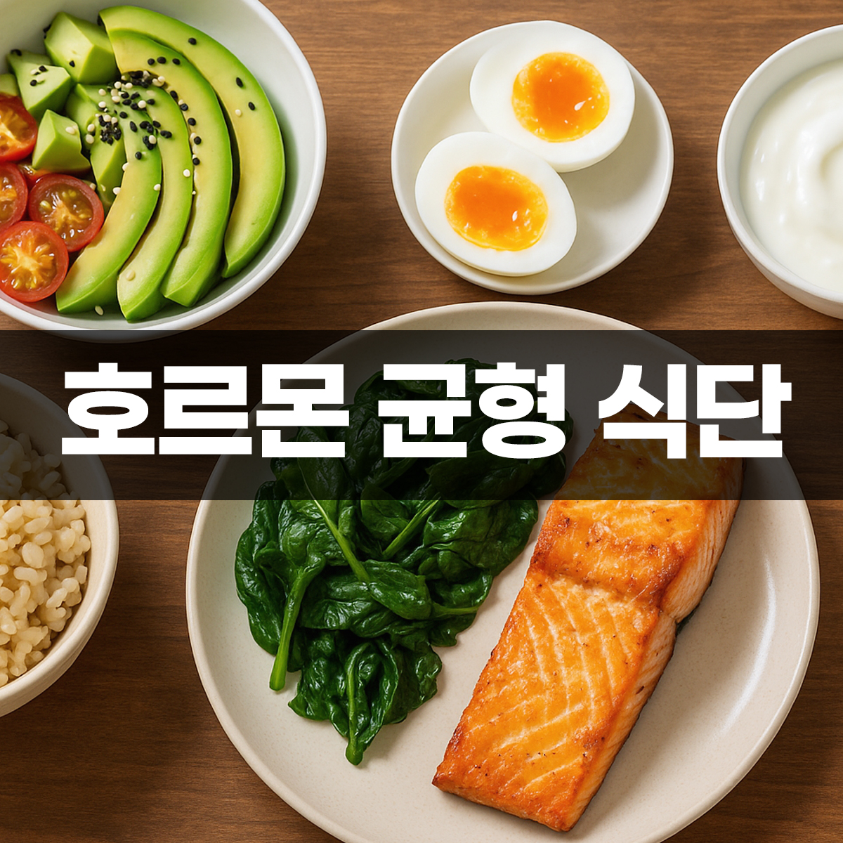 호르몬 균형 식단으로 구성된 아보카도 샐러드, 반숙 달걀, 시금치, 구운 연어, 요거트, 현미밥이 식탁 위에 정갈하게 차려진 모습