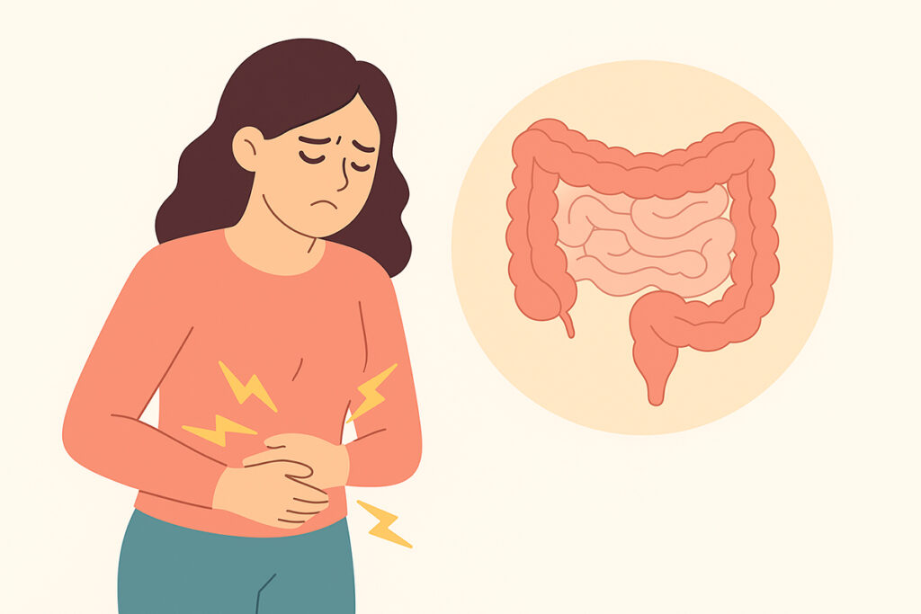 과민성대장증후군 증상으로 복통을 느끼는 여성과 대장 구조를 함께 표현한 일러스트 이미지