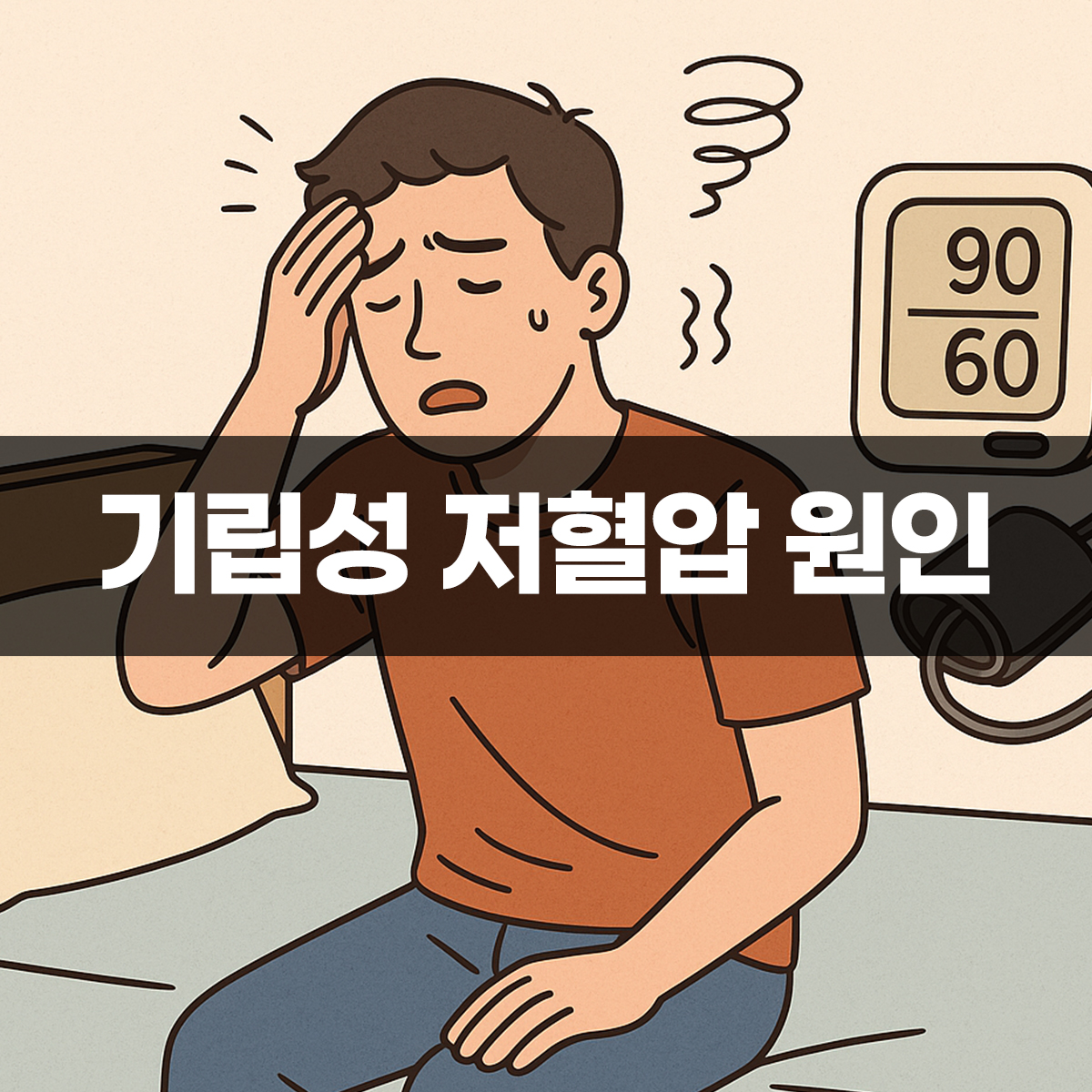 기립성 저혈압으로 어지러움을 겪는 남성이 침대에 앉아 혈압계 옆에서 이마를 짚고 있는 모습