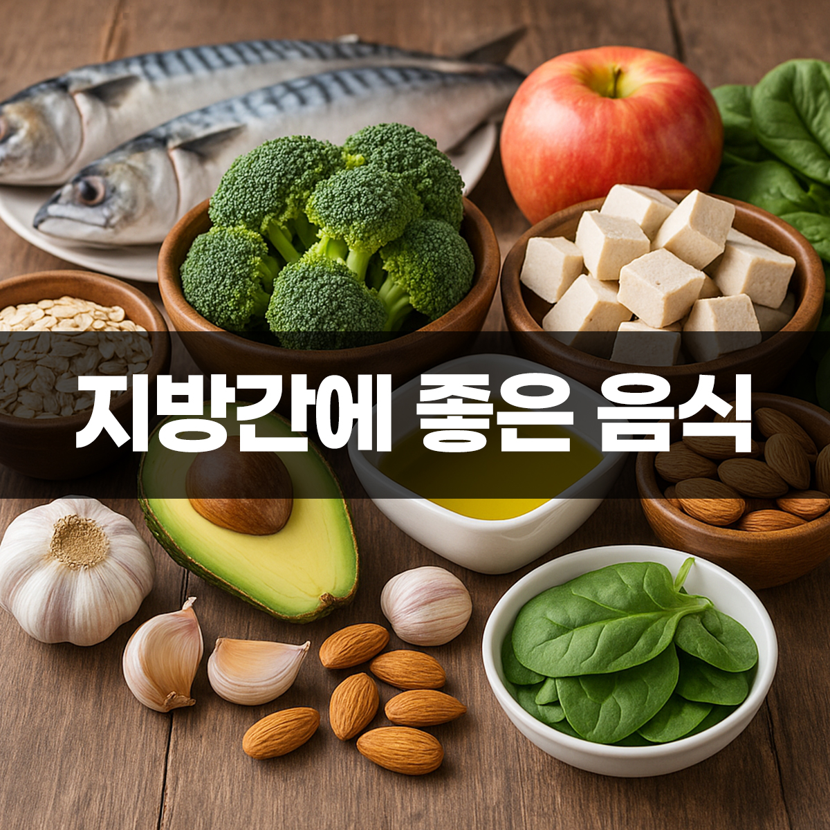 지방간에 좋은음식 추천되는 귀리, 브로콜리, 두부, 아보카도, 마늘, 올리브유, 시금치, 고등어, 아몬드, 사과가 나무 테이블 위에 놓인 이미지