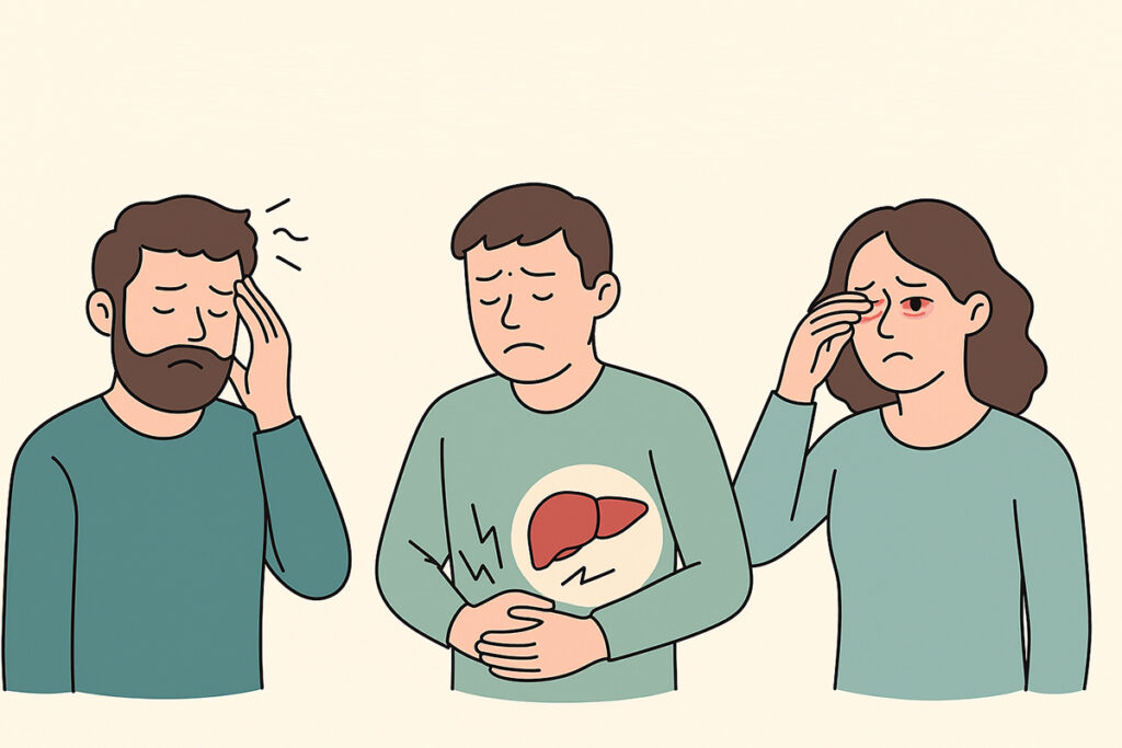 지방간에 좋은음식 실천이 늦어졌을 때 나타날 수 있는 피로감, 복부 불편감, 눈 충혈 등 지방간이 보내는 신호를 일러스트로 표현한 가로형 이미지