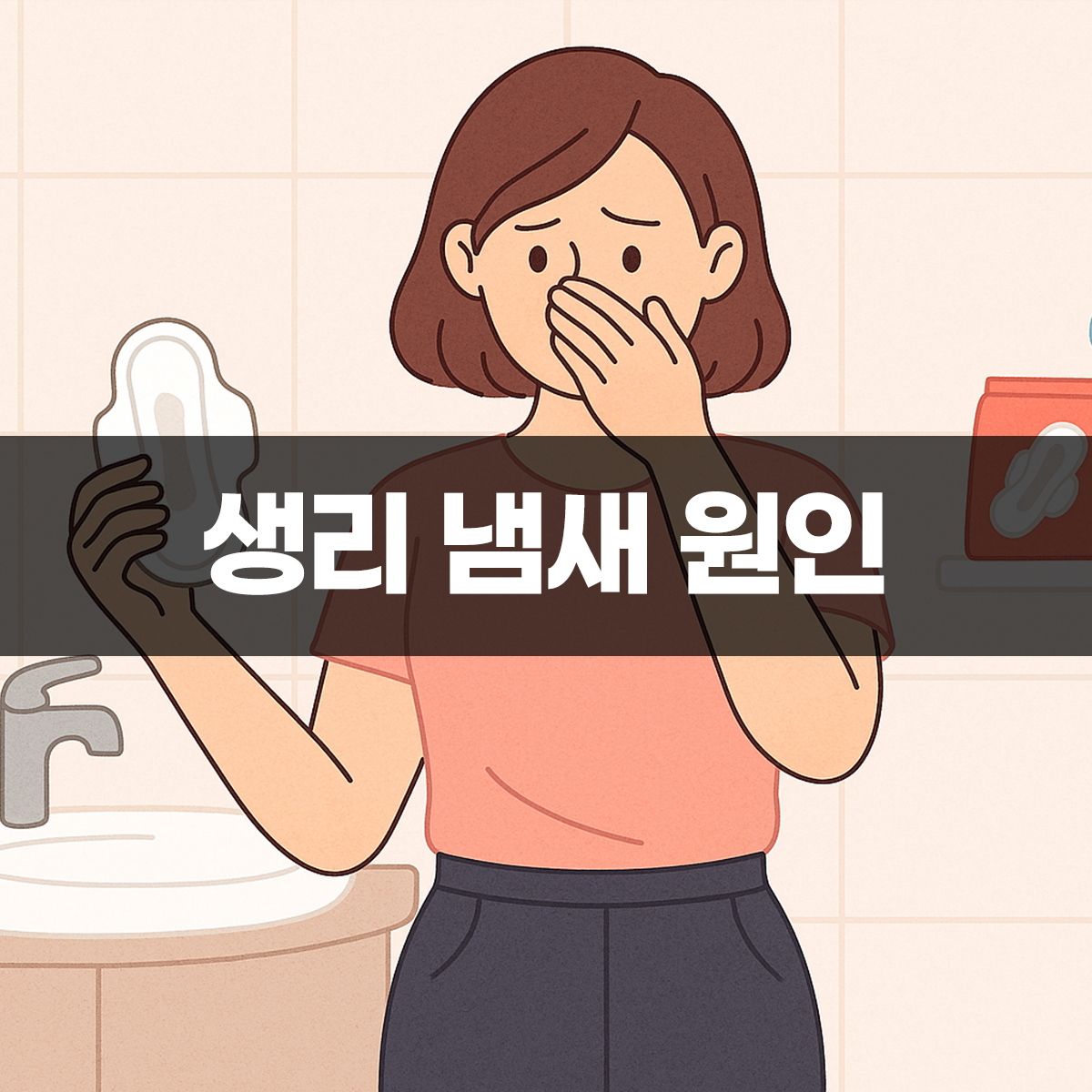생리 냄새 원인과 심해짐 현상에 고민하는 여성을 표현한 일러스트 이미지, 위생용품과 욕실 배경 포함