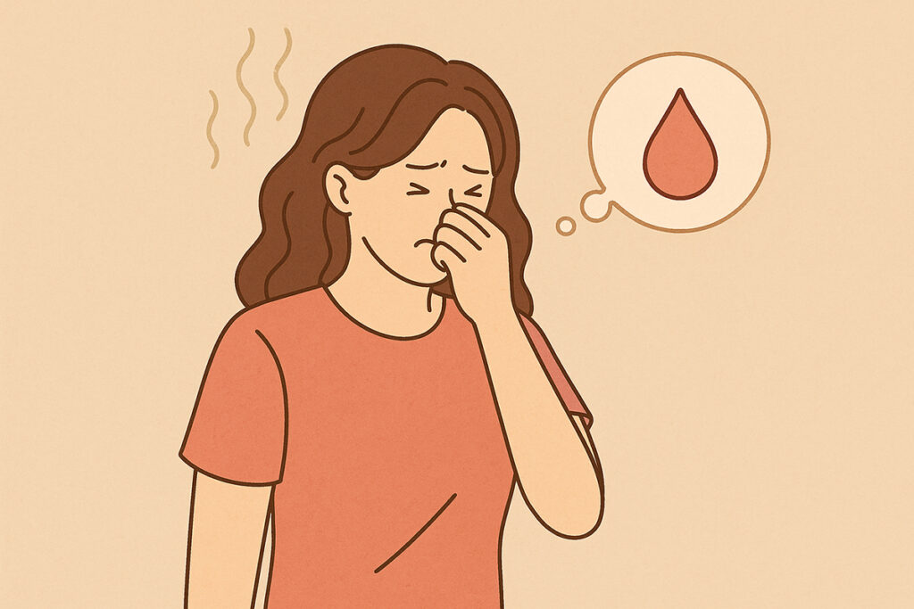 생리 냄새 심해짐에 불편함을 느끼는 여성이 코를 막고 있는 장면, 혈방울 모양의 생각 풍선이 함께 표현된 일러스트
