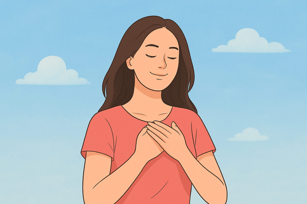 맑은 하늘 아래 편안한 표정을 짓고 있는 여성의 일러스트, 생리 냄새 원인 완화 이후의 심리적 안정을 상징