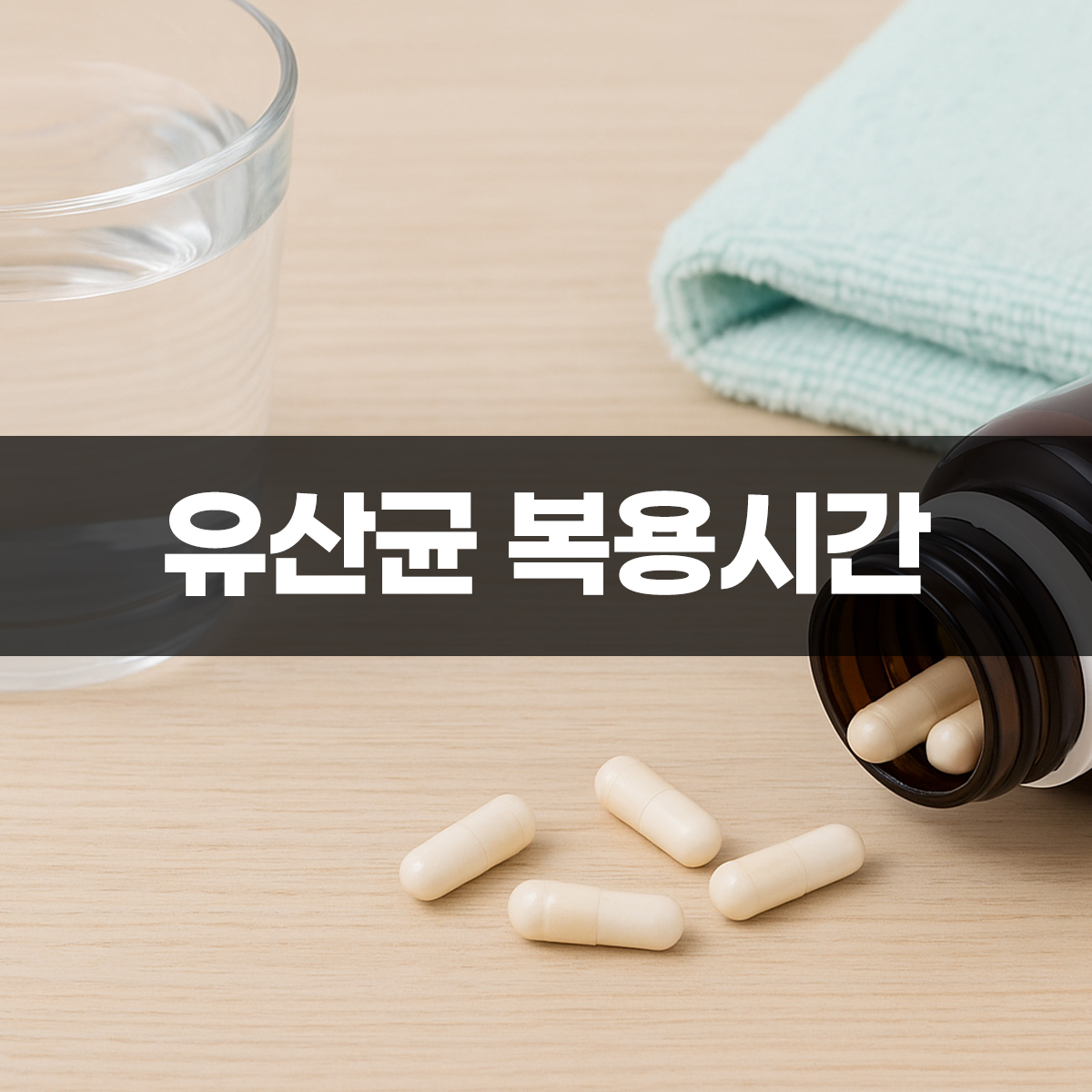 유산균 복용시간을 설명하기 위한 연출로, 유산균 캡슐과 물잔, 타월이 함께 놓인 장면