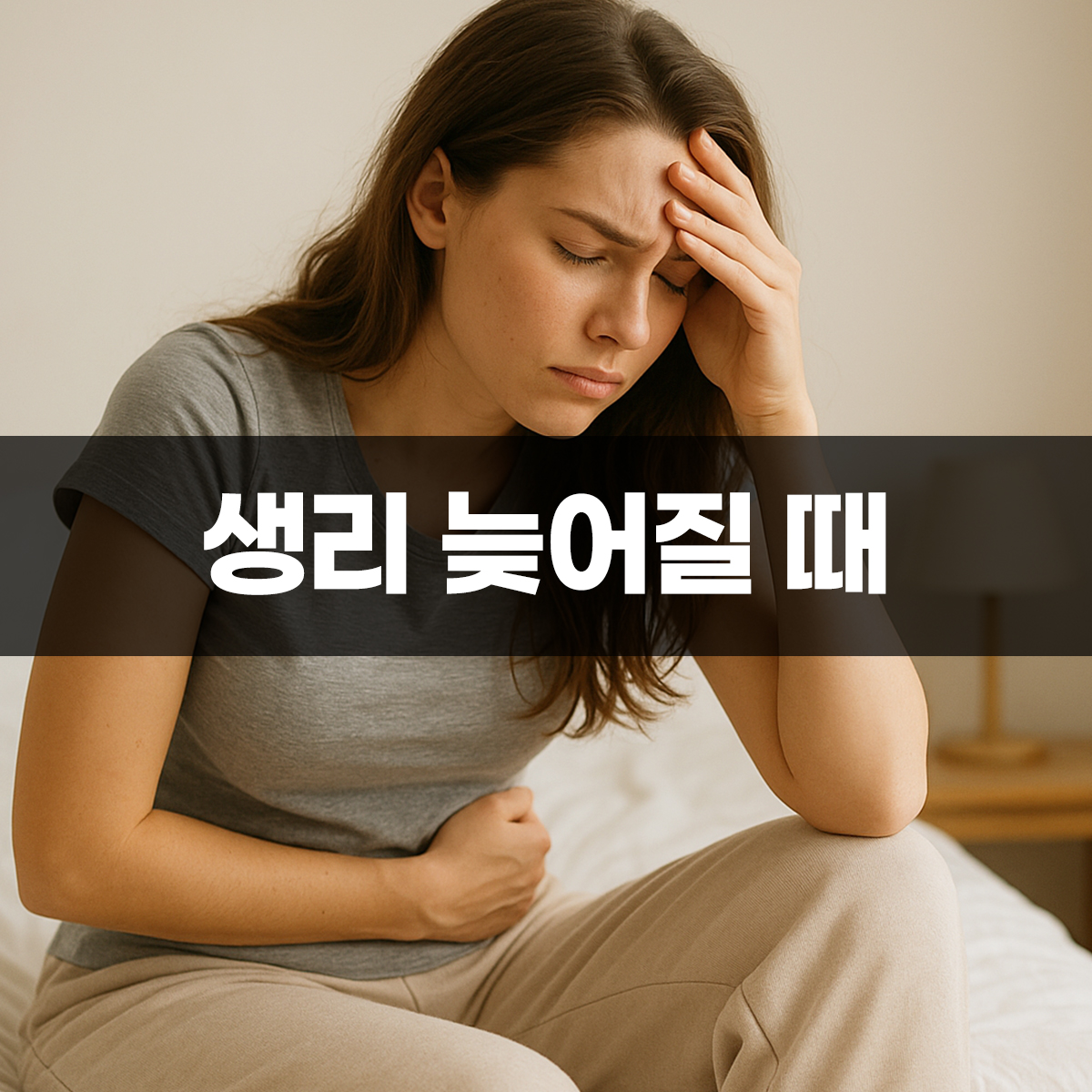 생리 늦어질때 고민하며 복부를 감싸고 이마를 짚은 채 침대에 앉아 있는 여성의 모습