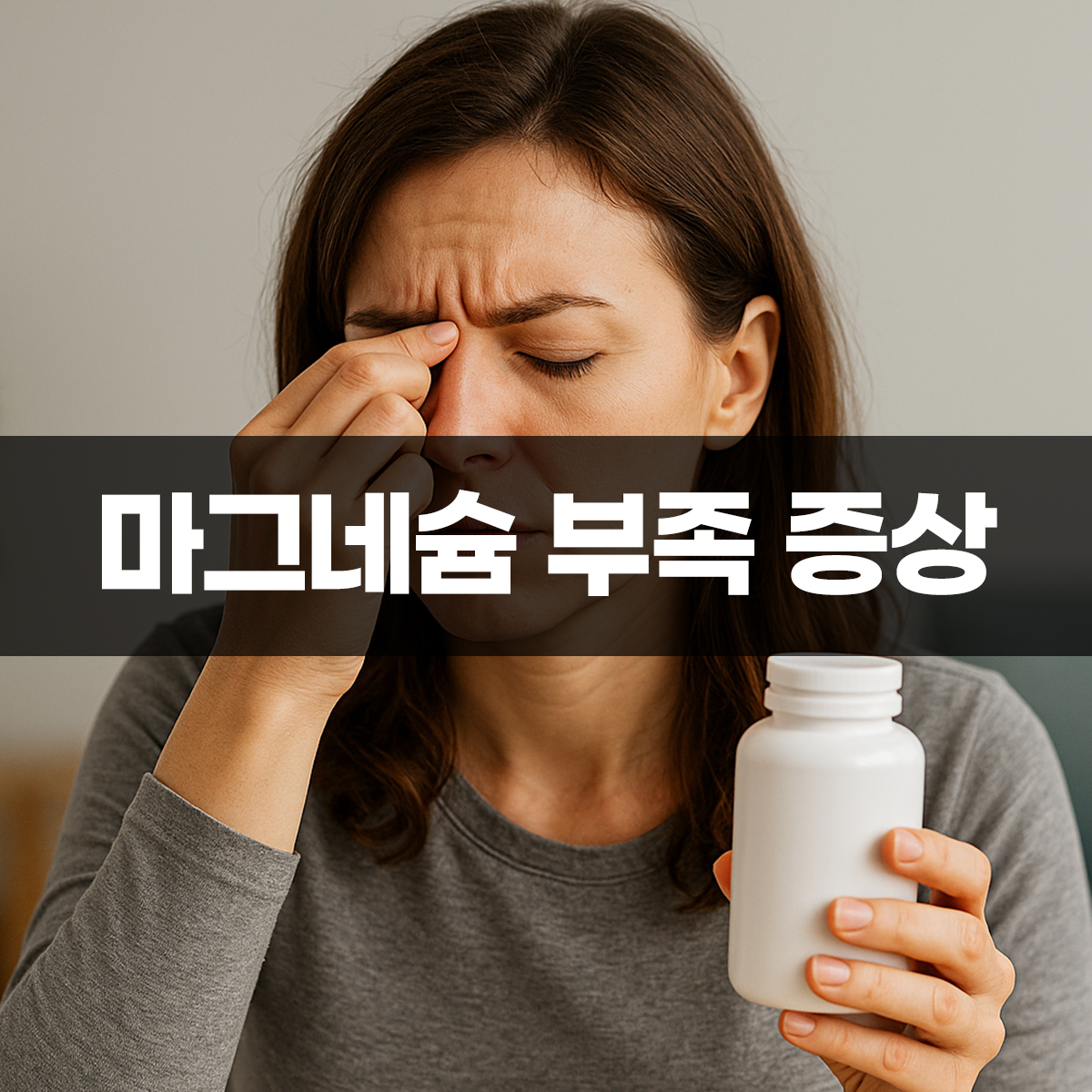 마그네슘 부족 증상으로 피곤함을 느끼는 여성이 영양제를 들고 있는 모습