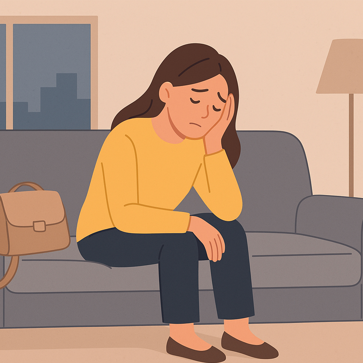 퇴근 후 무기력함 느끼며 소파에 지친 자세로 앉아 있는 여성의 가로형 일러스트