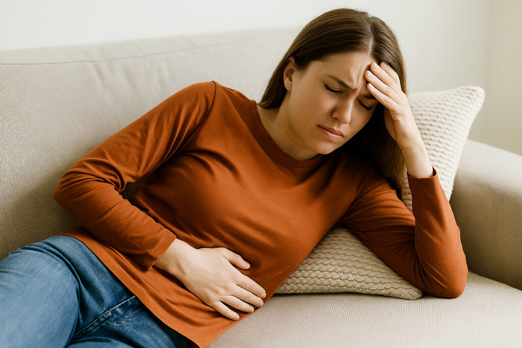 만성염증 증상 복통과 피로를 느끼는 여성