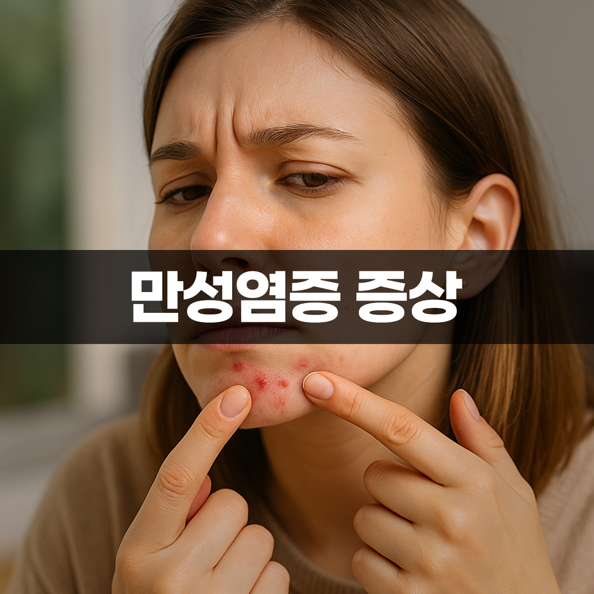 만성염증 증상 턱 여드름 부위를 살피는 여성