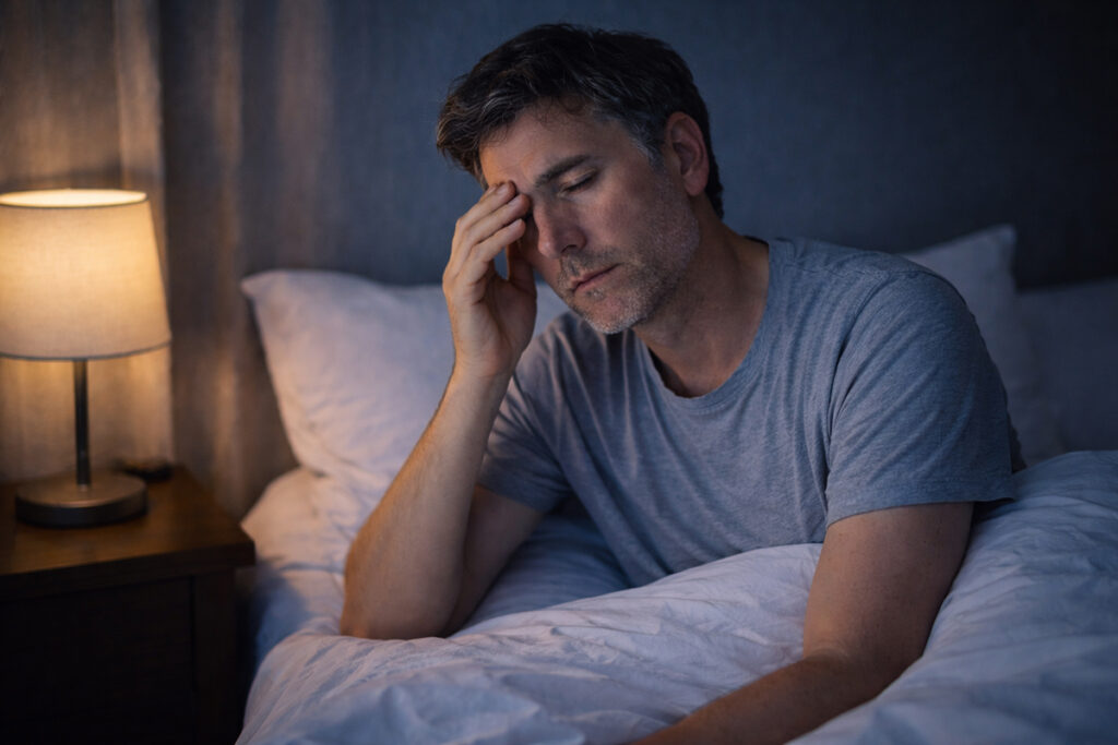 새벽에 깨는 이유 잠에서 깨어 피곤한 표정으로 앉아 있는 중년 남성