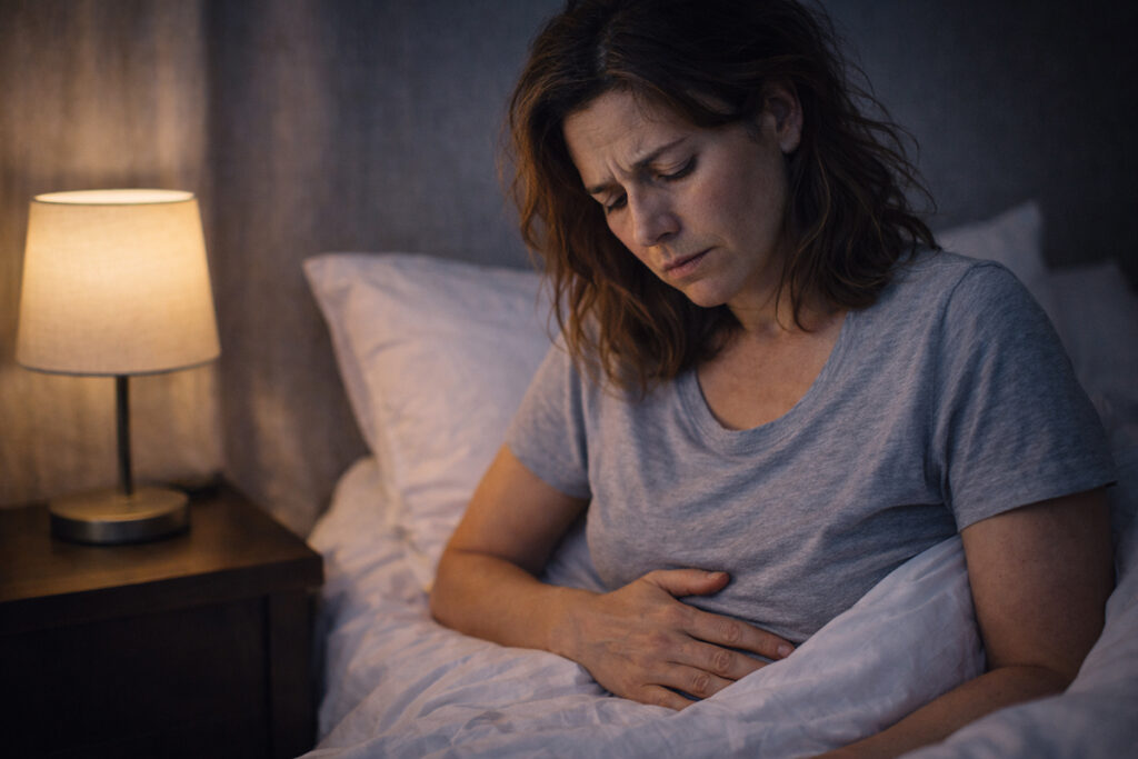 새벽에 깨는 이유로 배고픔을 느껴 잠에서 깨어 있는 중년 여성의 모습