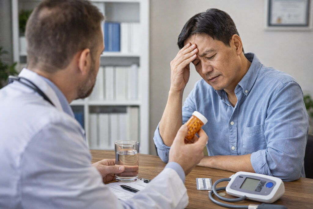 아르기닌 먹는시간 복용 전 주의사항을 상담하는 진료실에서 의사와 상담하는 남성