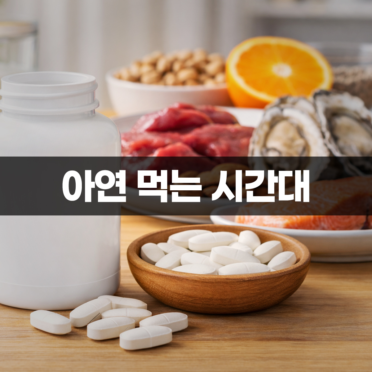 아연 먹는 시간대에 맞춰 복용을 준비하는 흰색 영양제 병과 아연 함유 식품(굴·연어·견과류)