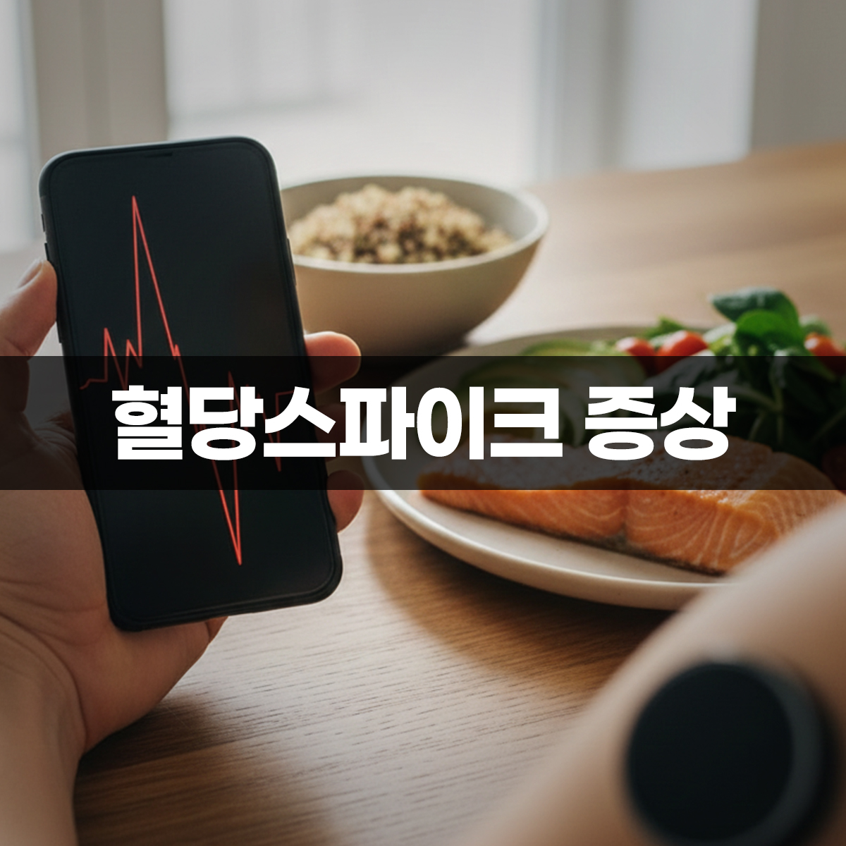 혈당스파이크 증상을 모니터링하는 연속혈당측정기 화면과 건강한 식단 구성