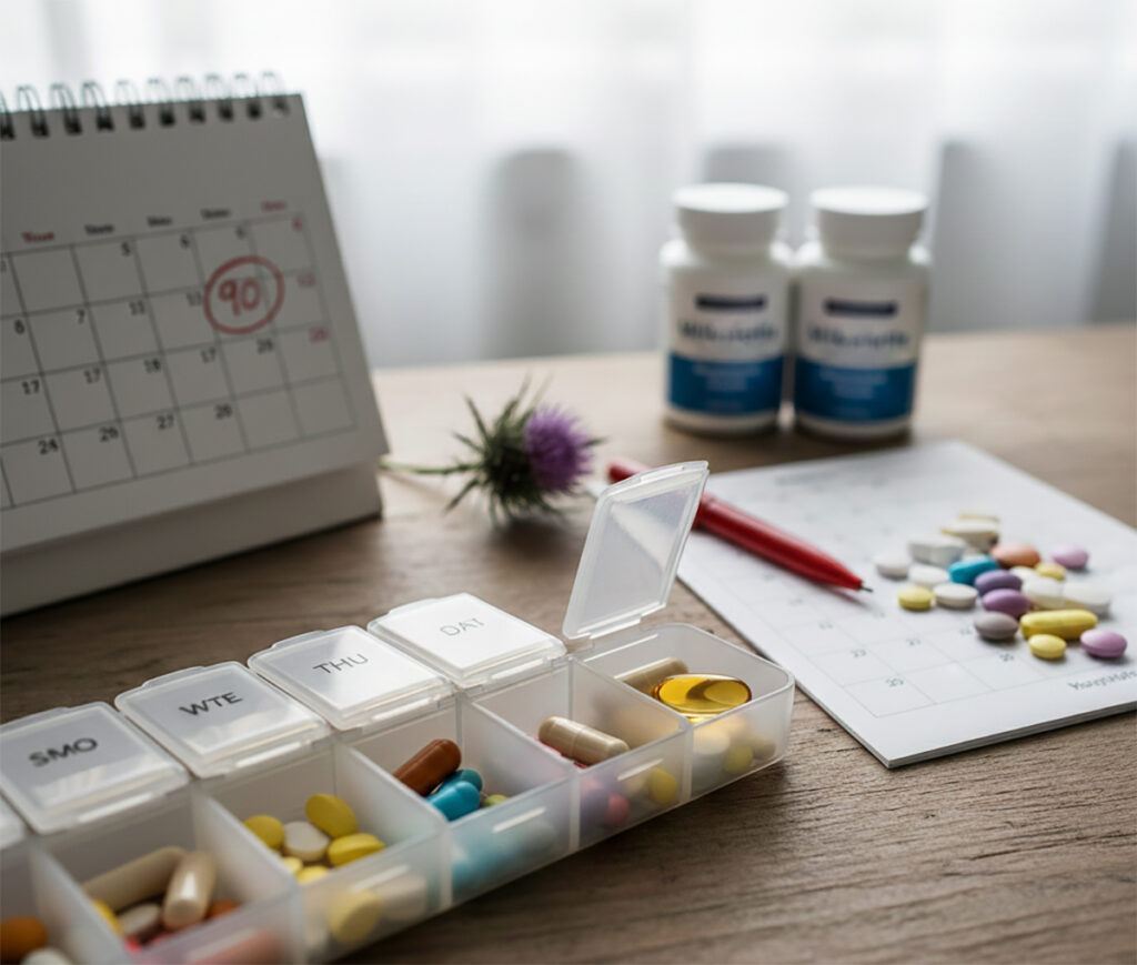 밀크씨슬 복용시간 준수와 올바른 영양제 섭취를 위해 달력과 약통을 활용해 복용량을 관리하는 모습