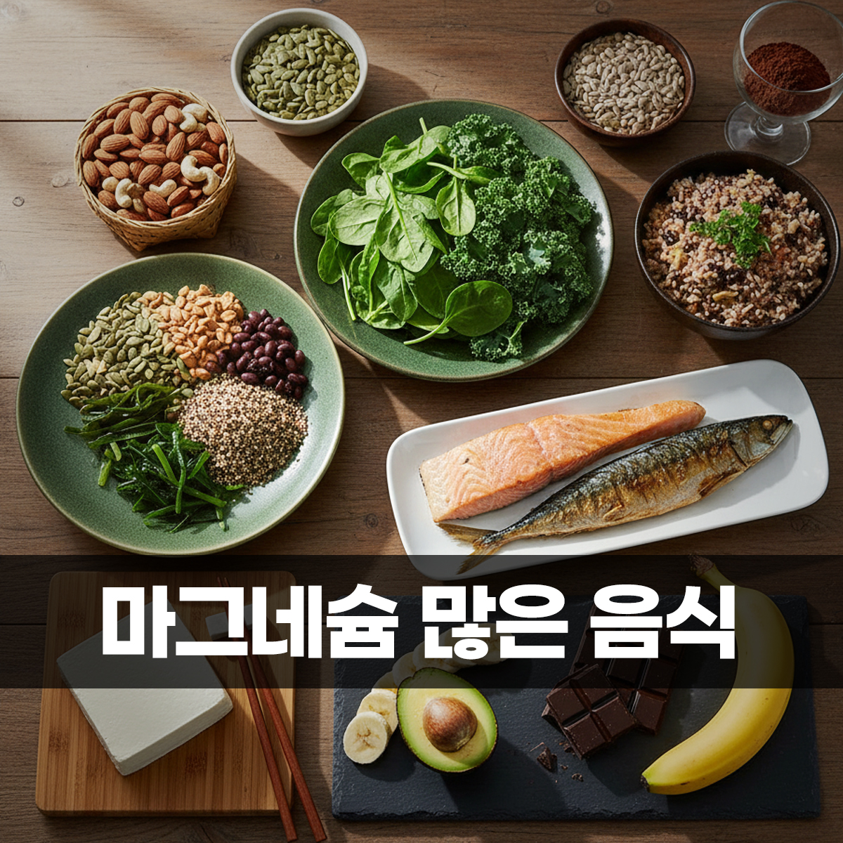 마그네슘 많은 음식 종류인 아몬드, 호박씨, 해바라기씨, 캐슈넛 등 다양한 견과류와 씨앗류