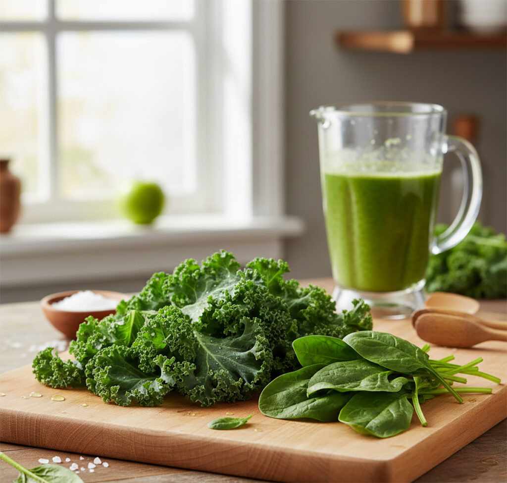 마그네슘 많은 음식인 신선한 케일과 시금치가 나무 도마 위에 놓여 있고, 배경에는 건강한 녹색 주스가 유리컵에 담겨 있는 고화질 실사 이미지