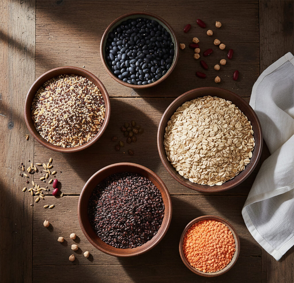 마그네슘 많은 음식 중 하나인 검은콩, 퀴노아, 현미, 렌틸콩 등 다양한 통곡물과 콩류가 나무 그릇에 가득 담겨 있는 고화질 실사 이미지
