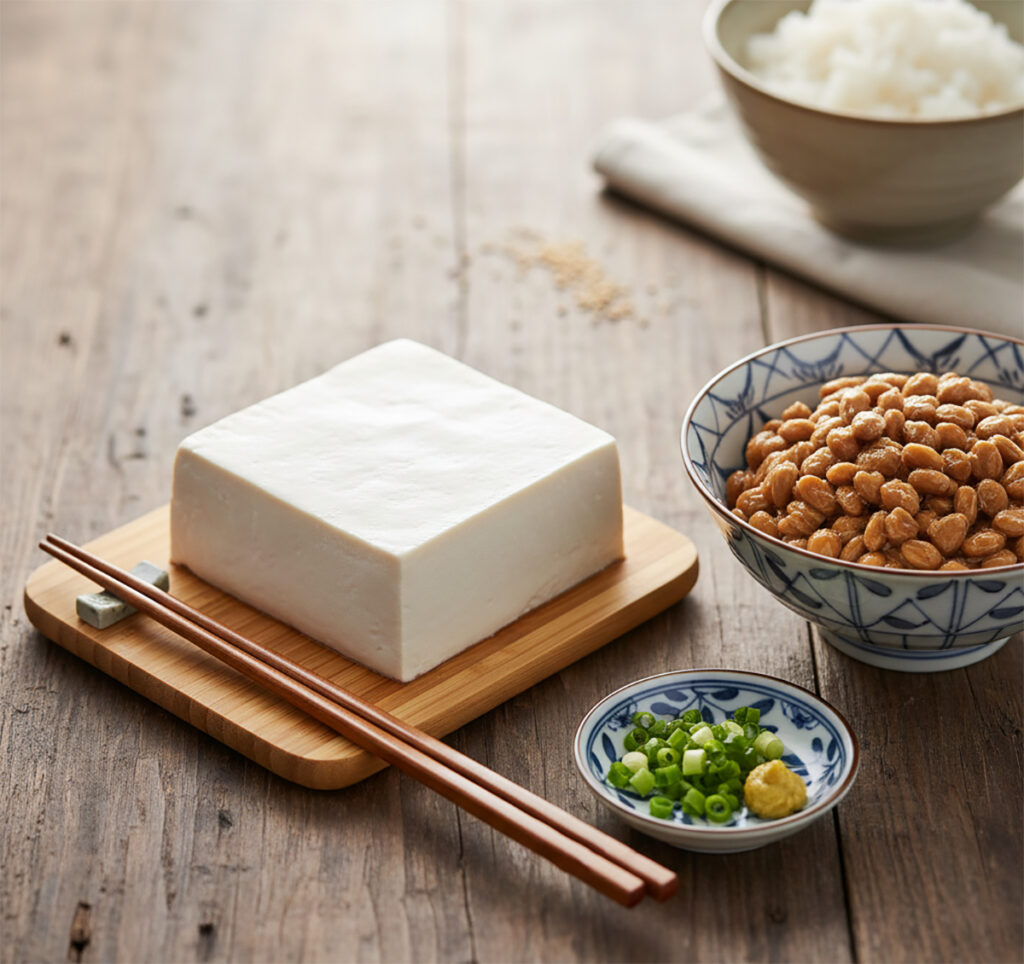 마그네슘 많은 음식 중 하나인 부드러운 생두부와 발효된 낫또가 나무 식탁 위에 정갈하게 차려져 있는 고화질 실사 이미지