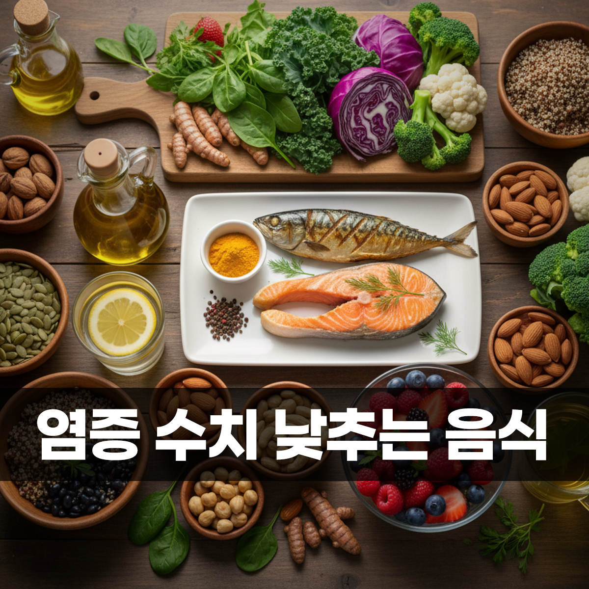 염증 수치 낮추는 음식인 연어, 고등어, 브로콜리, 올리브유, 강황, 그리고 신선한 베리류가 나무 식탁 위에 다채롭고 정갈하게 차려진 이미지