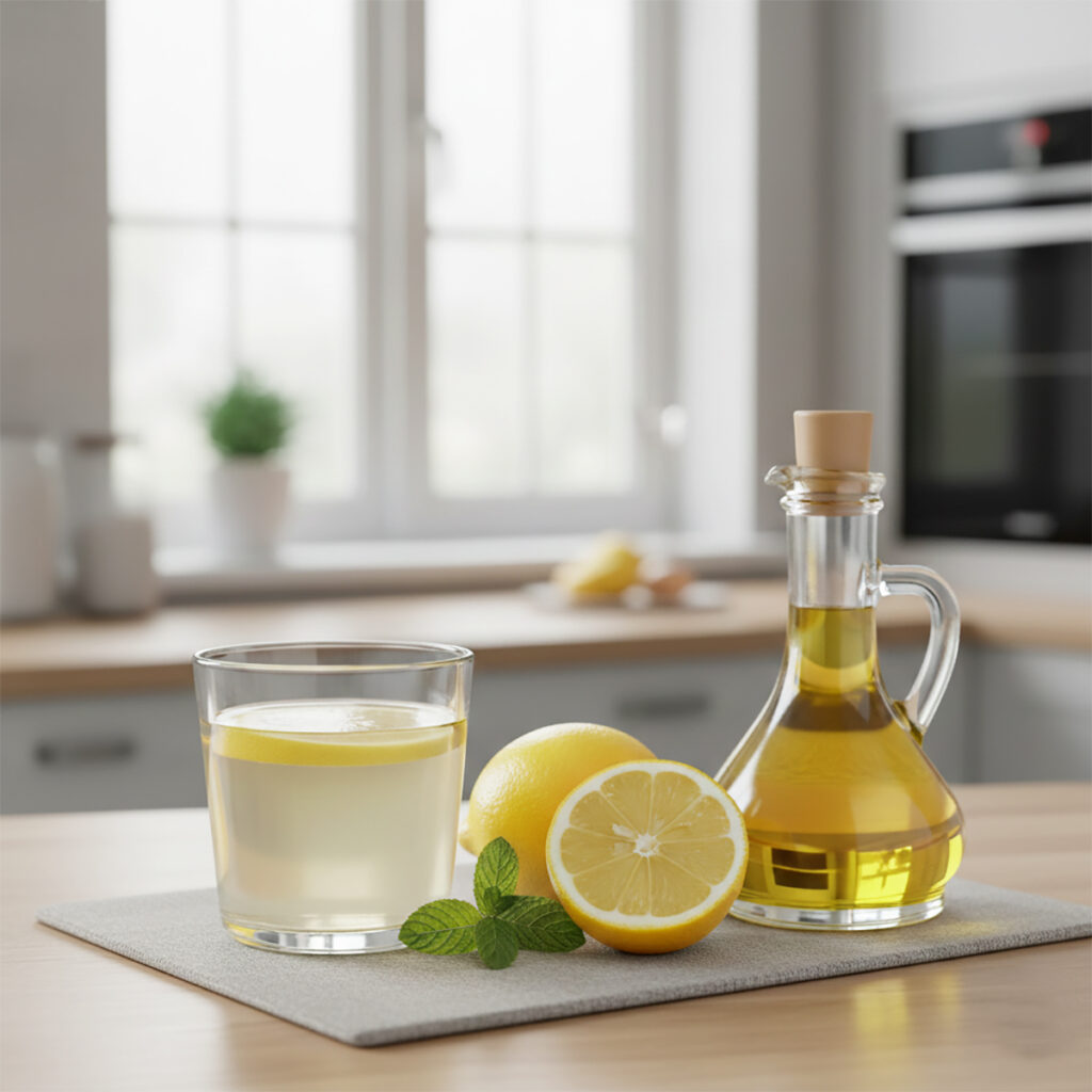 염증 수치 낮추는 음식의 대표 주자인 엑스트라 버진 올리브유가 담긴 유리병과 신선한 레몬이 들어간 따뜻한 레몬수 한 잔