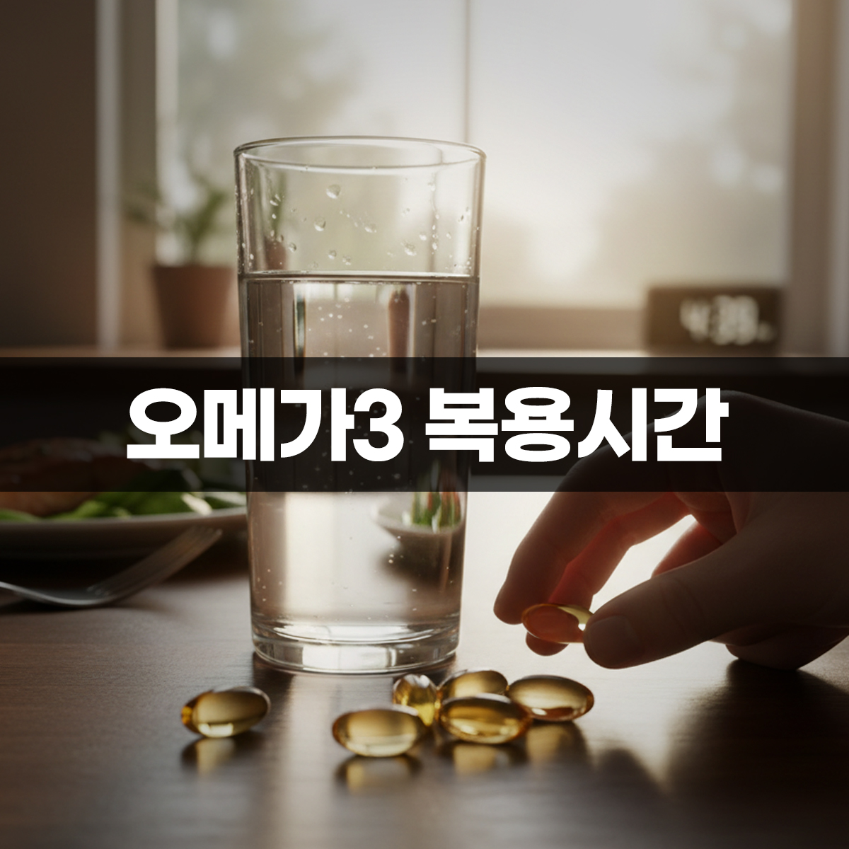 오메가3 복용시간 맞춰 물과 함께 복용하려는 모습
