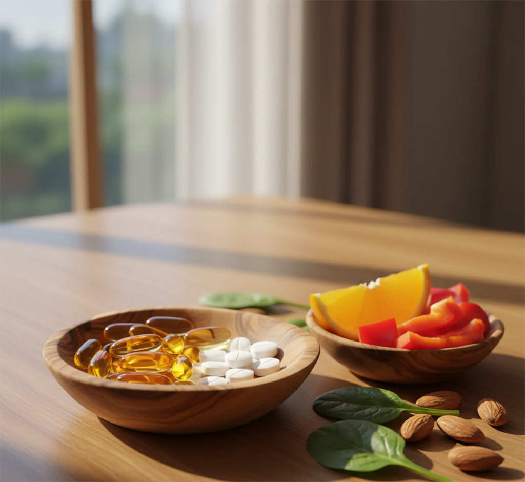 오메가3와 함께 복용하면 좋은 마그네슘 영양제 및 항산화 효과를 돕는 신선한 과일과 견과류가 담긴 나무 그릇