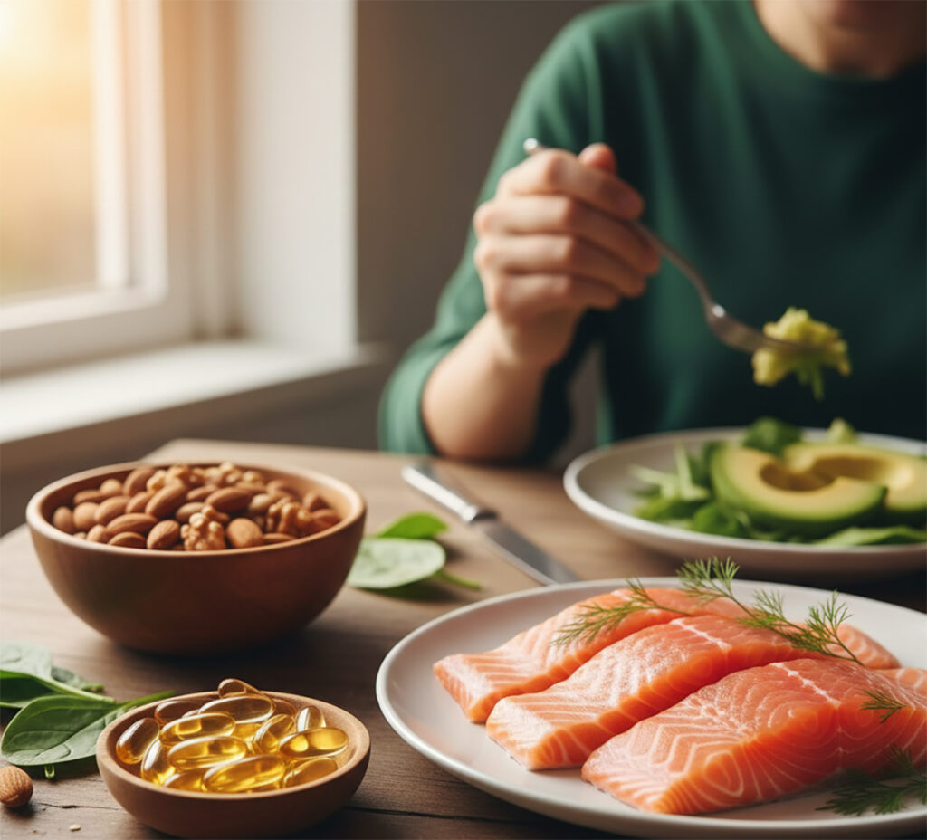 식사가 차려진 식탁에서 한 손으로 비타민D 캡슐을 집는 모습, 연어와 아보카도 등 지방이 풍부한 음식들