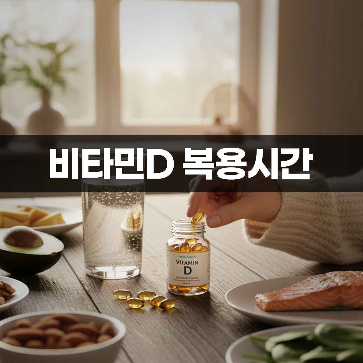 비타민D 복용시간 안내 영양제 병과 캡슐이 놓인 깔끔한 테이블 위로 햇살이 비치는 차분한 실내 풍경