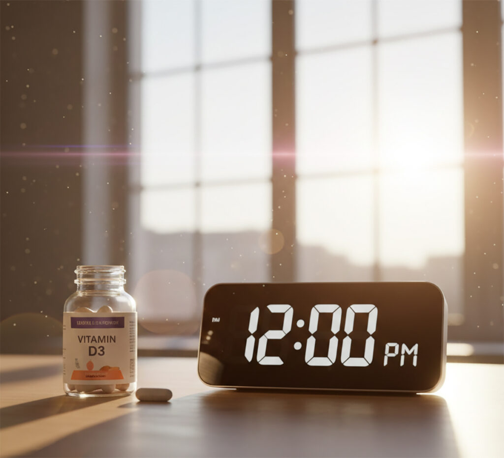 디지털 시계가 오후 12시를 가리키고 비타민D 병과 캡슐이 함께 놓여 있는, 점심 복용시간을 상징하는 밝은 실내 모습