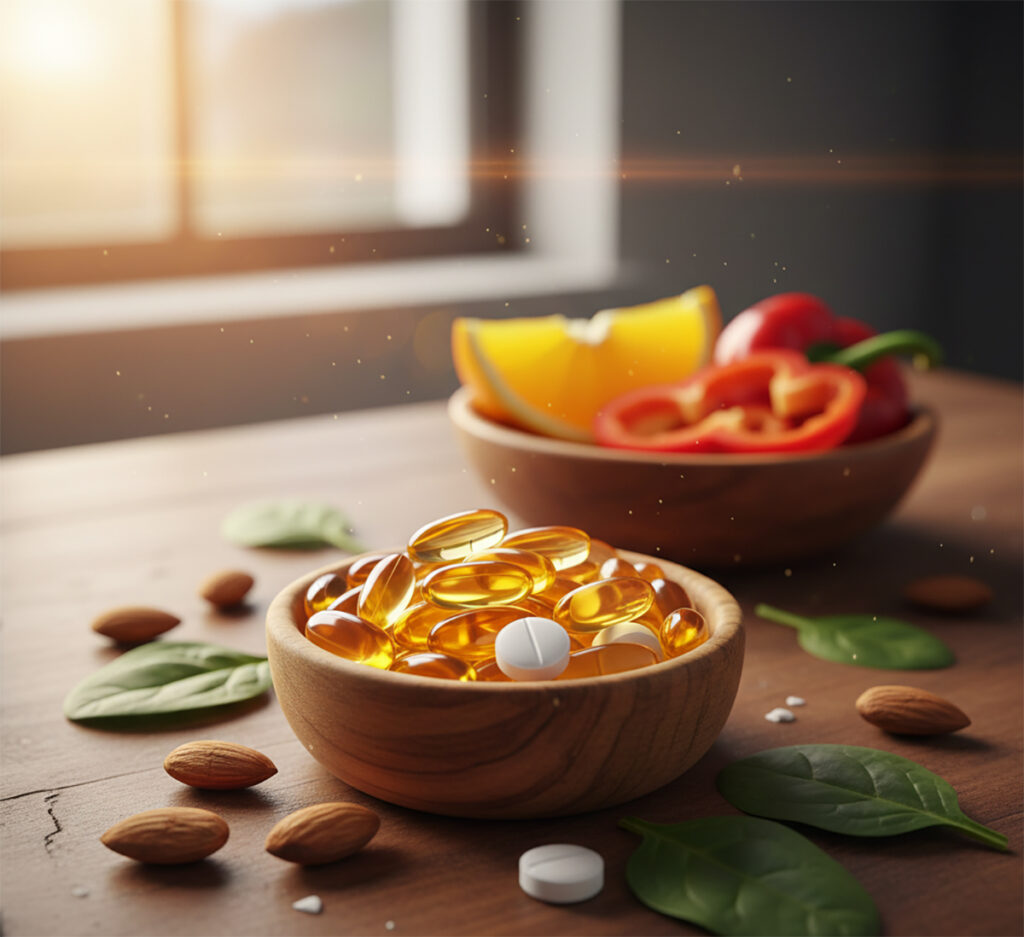 오메가3 캡슐과 비타민, 그리고 신선한 오렌지, 파프리카, 견과류 등이 함께 놓여 있는 건강한 영양제 조합