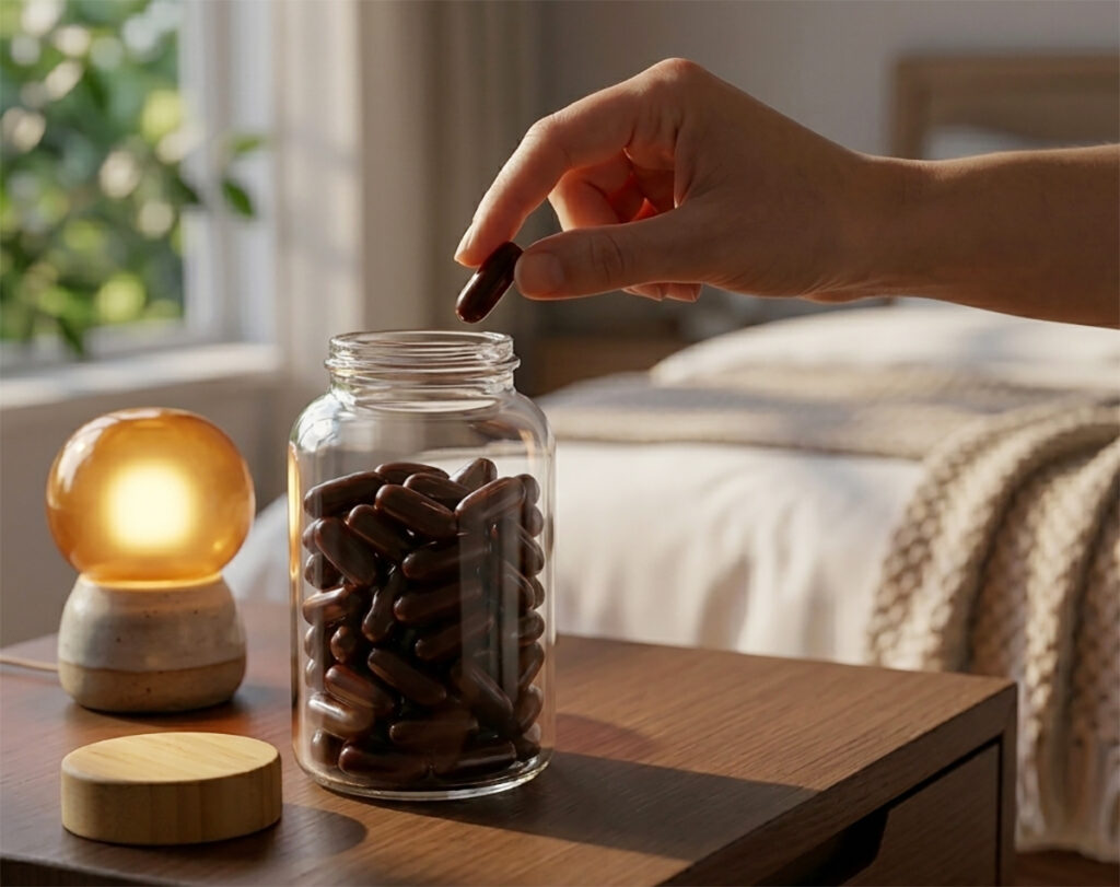 마그네슘 복용시간 식후 섭취 권장을 상징하는, 건강한 식단과 물잔 옆에 놓인 영양제 통에서 진한 마호가니 갈색 캡슐 한 점을 집는 깔끔하고 밝은 실내 풍경