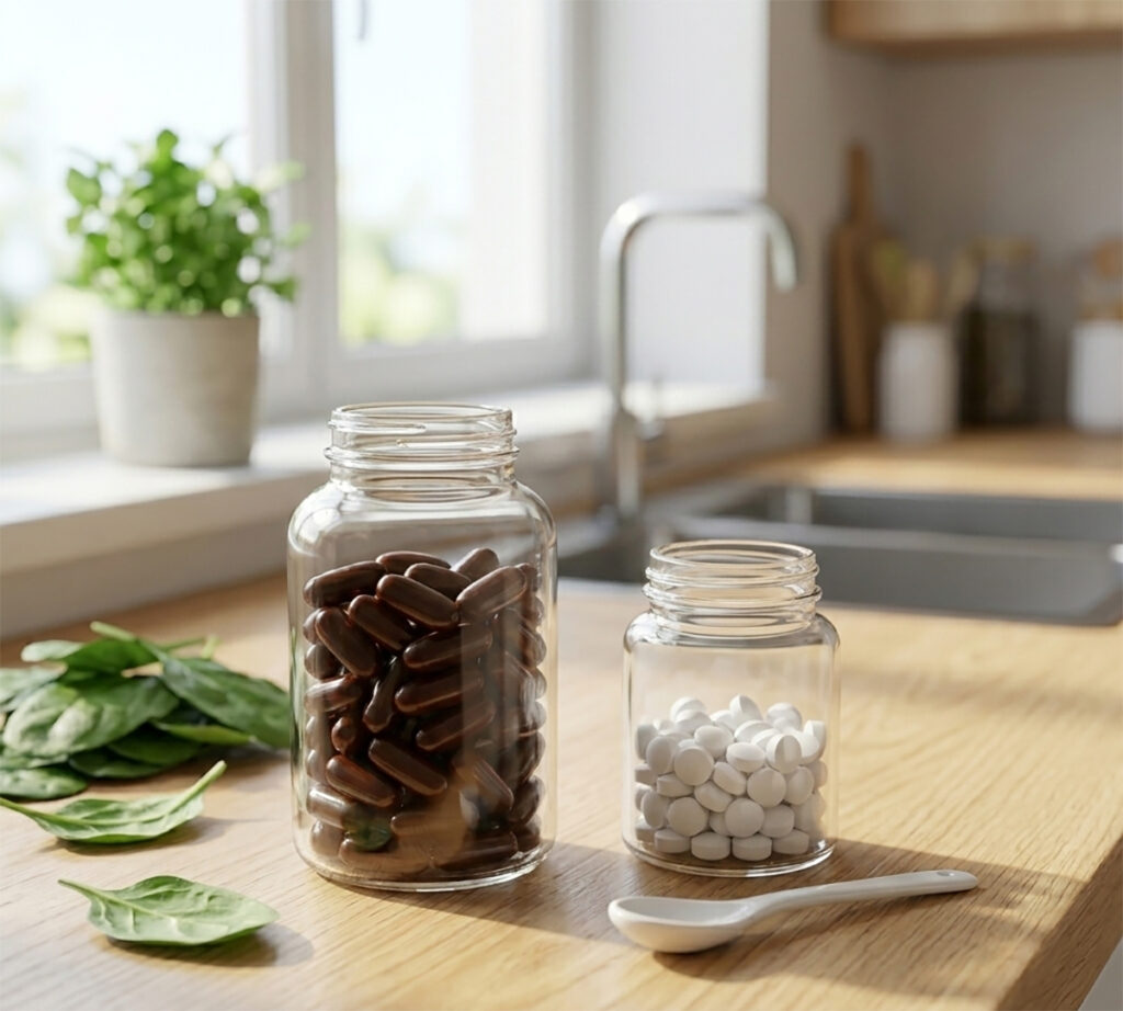 마그네슘 복용시간 및 비타민D 시너지를 표현한, 깨끗한 부엌 카운터 위에 놓인 두 영양제 캡슐 통과 시금치 샐러드 사발의 실사 풍경