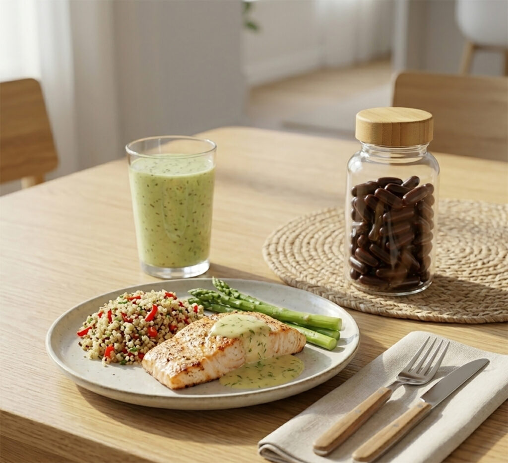 마그네슘 복용시간 꾸준한 섭취 권장을 상징하는, 건강한 연어 식단과 물잔 옆에 놓인 진한 마호가니 갈색 영양제 통의 깔끔하고 밝은 실내 풍경