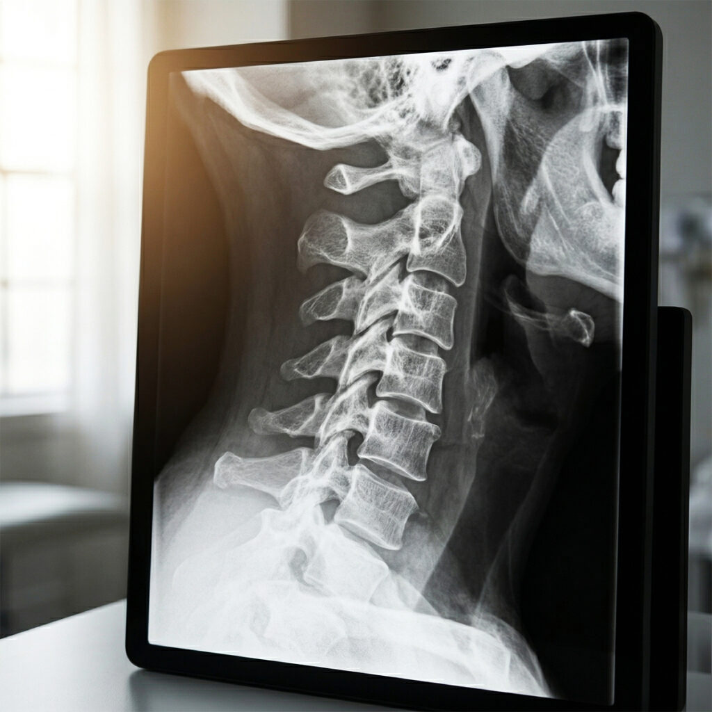 정상적인 C자 곡선이 무너지고 뼈들이 앞으로 곧게 뻗은 경추(목뼈) 엑스레이 측면 사진. 전형적인 거북목 증상을 보여주는 의학용 시각 자료.