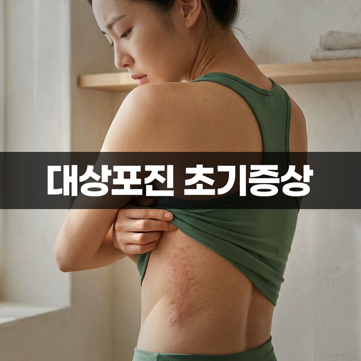 차분한 실내에서 젊은 동양인 여성이 뒷모습으로 서서 왼쪽 뒷바퀴 허리와 옆구리 라인을 따라 발생한 미세한 띠 모양의 붉은 반점 대상포진 초기증상을 살피는 모습