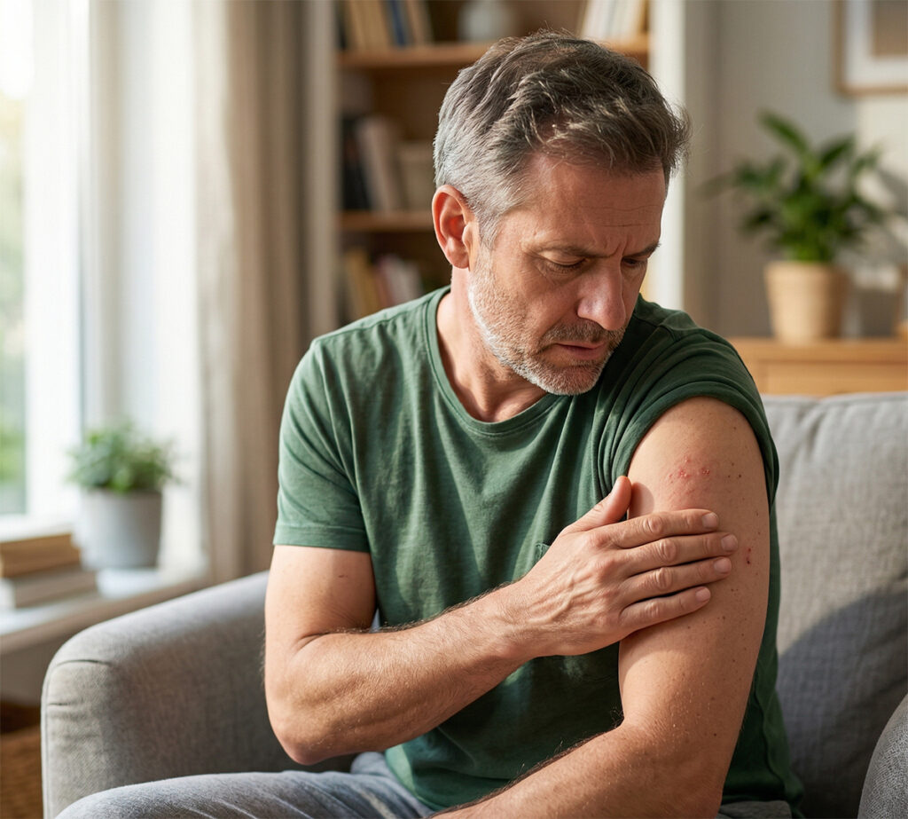 차분한 실내 공간, 50대 남성이 오른쪽 어깨 부위의 통증과 붉은 반점을 살피는 대상포진 초기증상