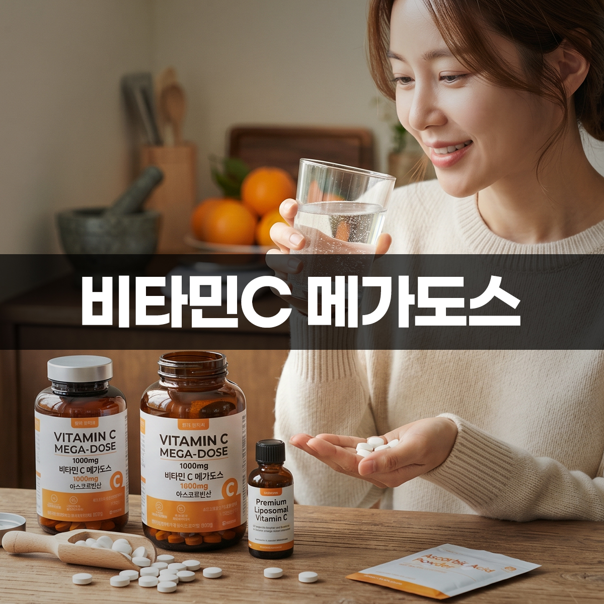 비타민C 메가도스 부작용 방법 설명하기 위해 한 여성이 물잔과 함께 비타민C를 복용하려는 모습