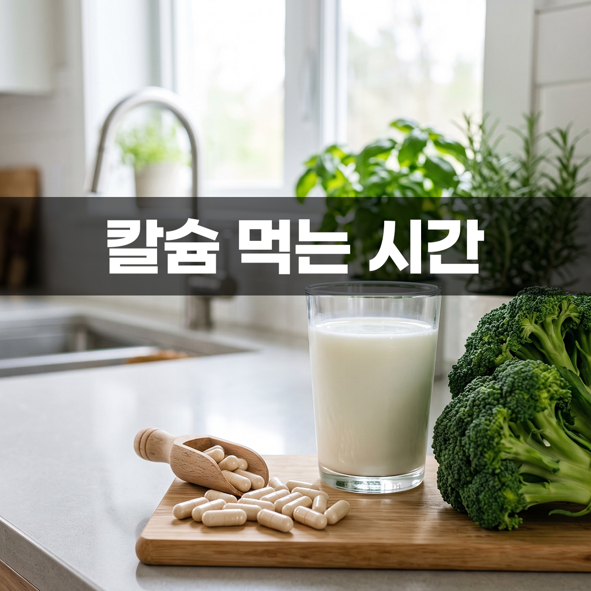 칼슘 먹는시간 이유, 복용법을 보여주기 위해 칼슘 캡슐 영양제와 칼슘이 풍부한 우유, 브로콜리가 있는 사진