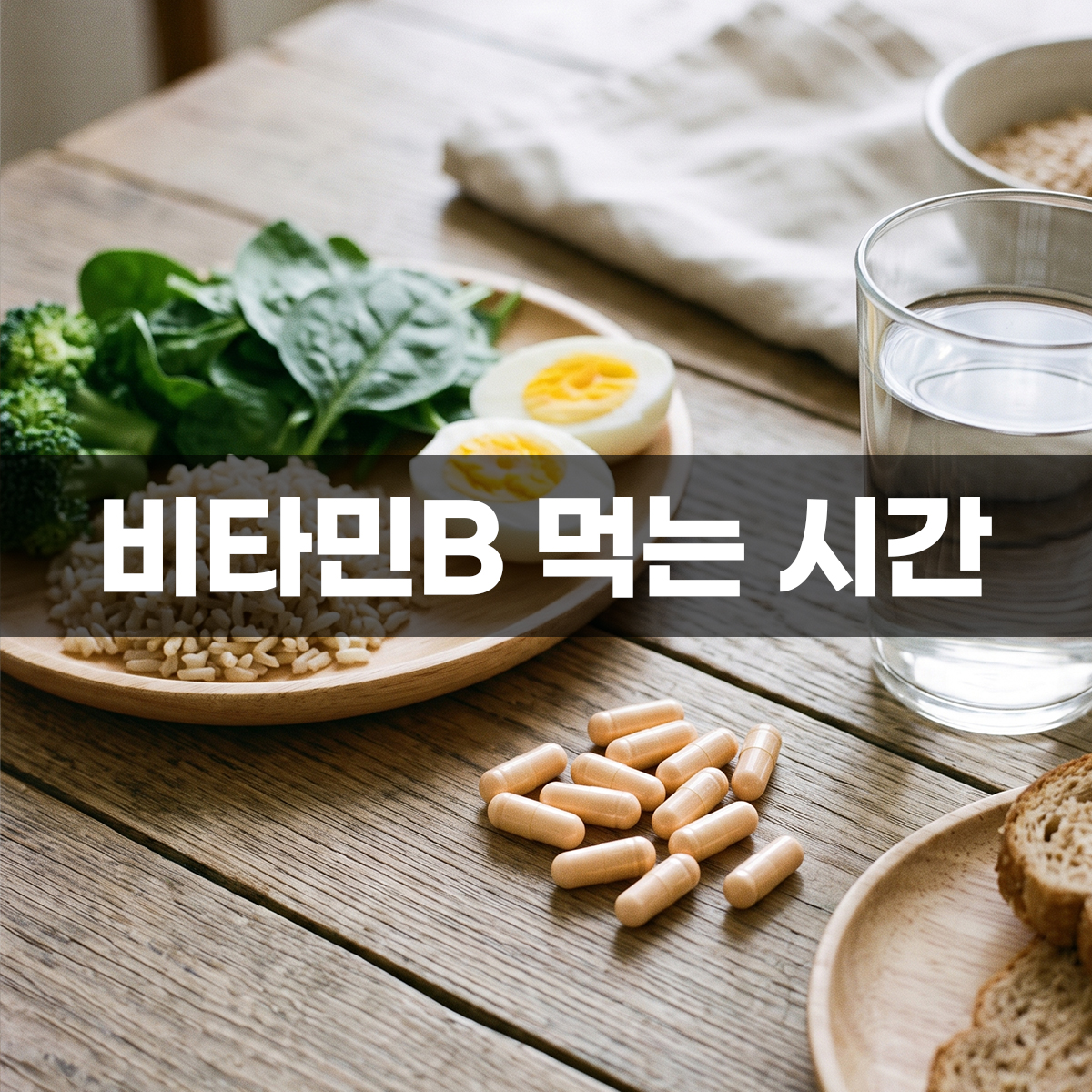 비타민B 먹는시간과 복용법을 보여주기 위해 나무 테이블 위에 놓인 비타민B 캡슐 영양제와 비타민B가 풍부한 통곡물, 달걀, 그리고 신선한 초록색 잎채소와 물 한 잔